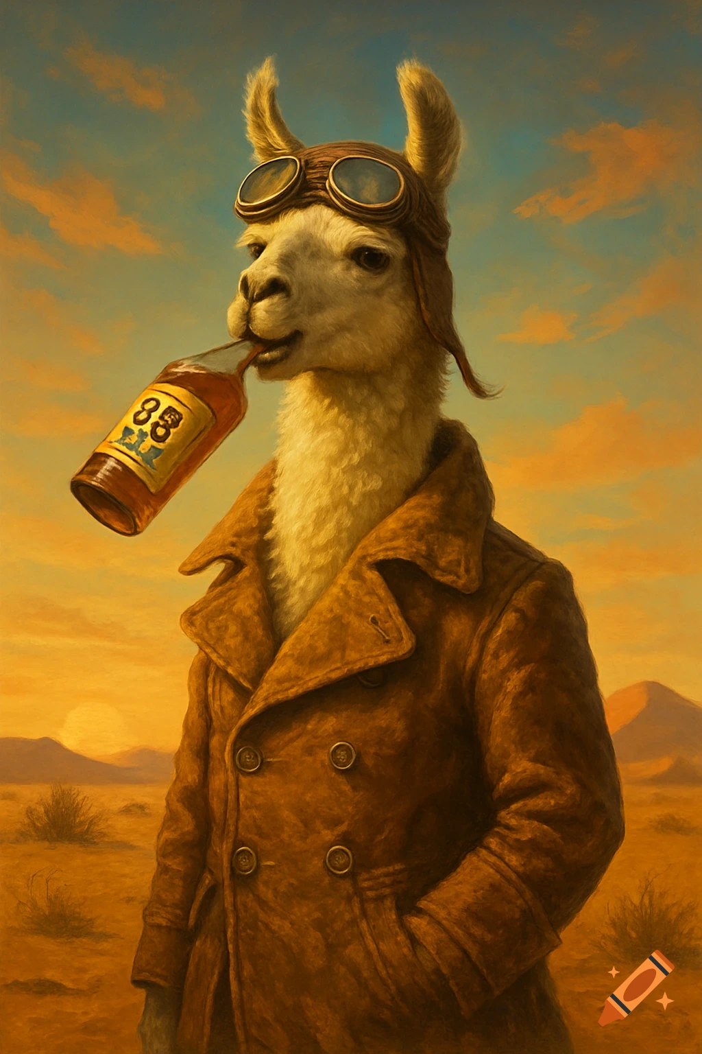 A llama wearing a brown pilot's coat and goggles drinks from a bottle in a desert landscape at sunset, in a painterly style.