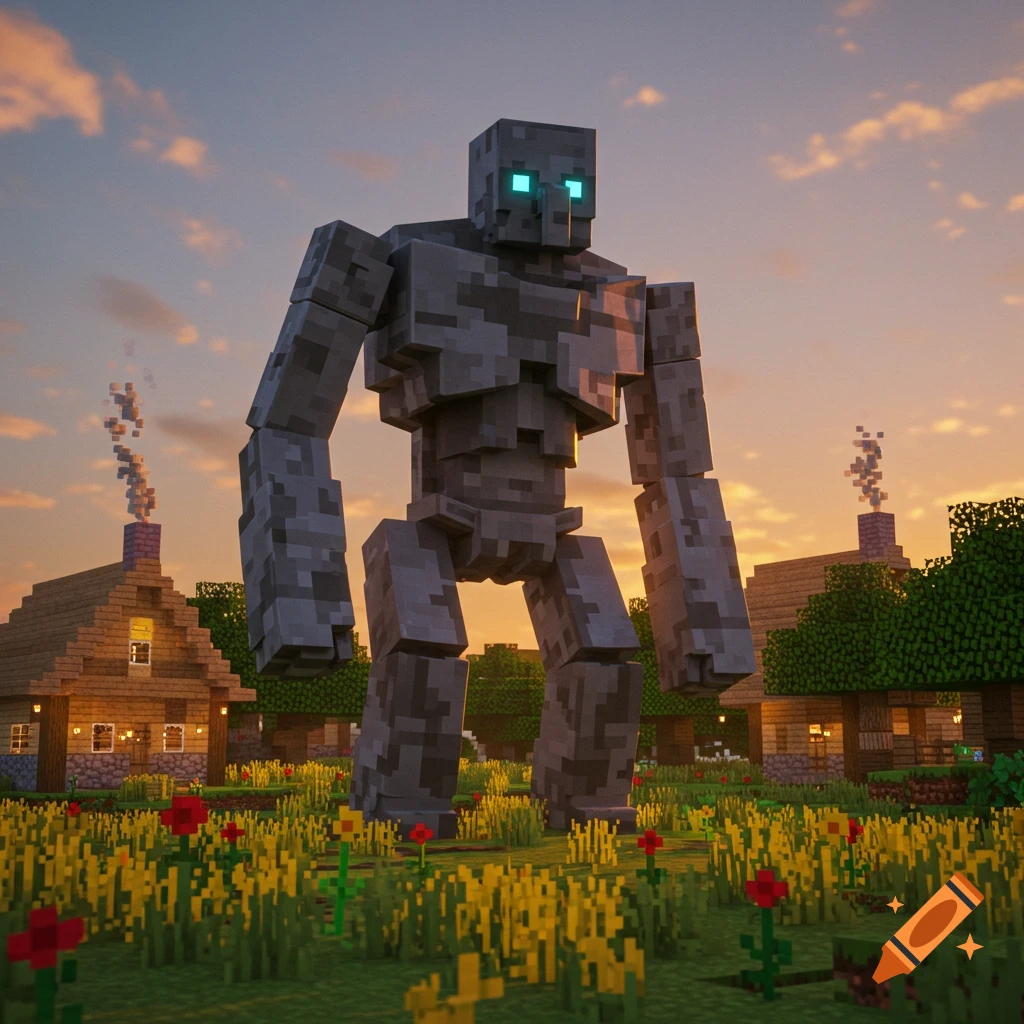 A giant blocky iron golem stands in a pixelated Minecraft village field with red and yellow flowers under an orange sunset.