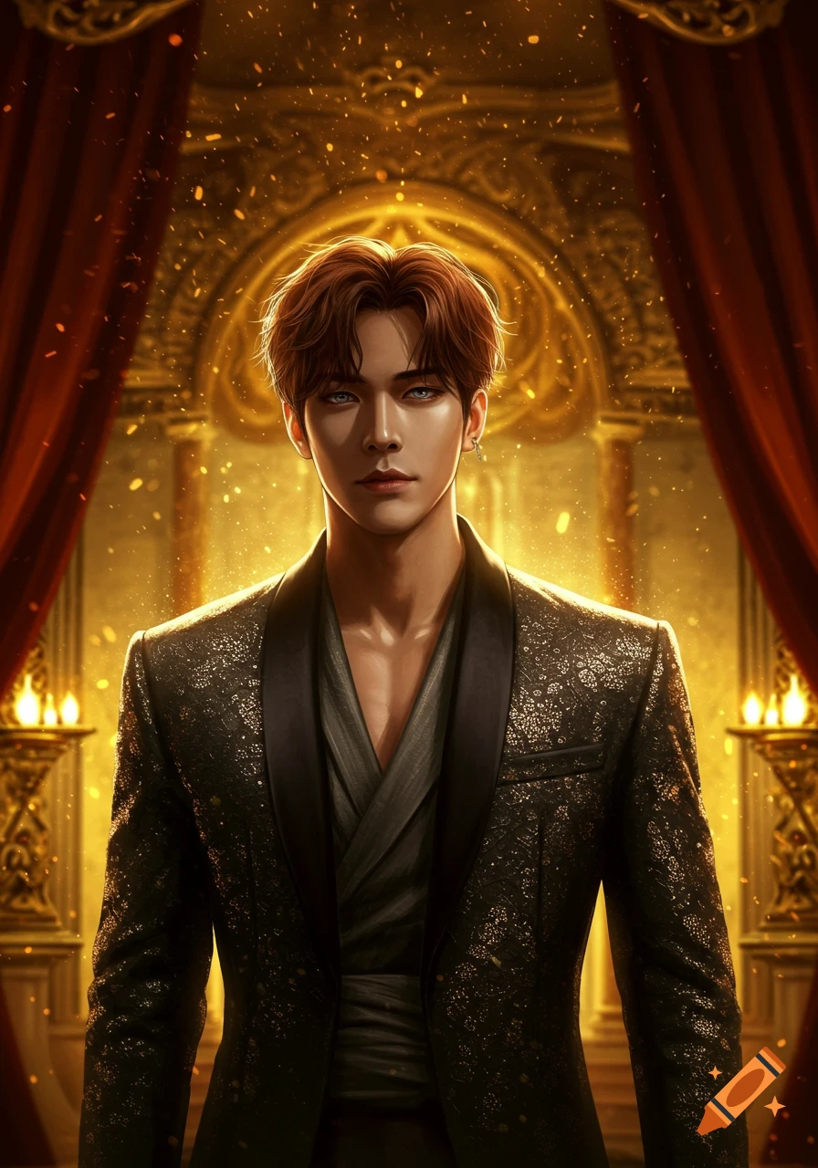 A fantasy digital portrait of a man with brown hair and blue eyes in a dark patterned suit, standing in a golden, majestic hall.
