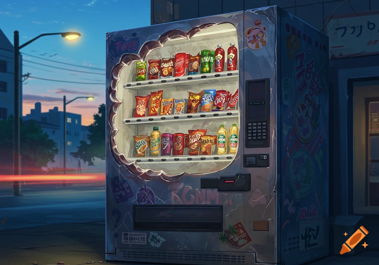 An illustrated vending machine filled with snacks and drinks, set on a city street at dusk, with light trails from cars.