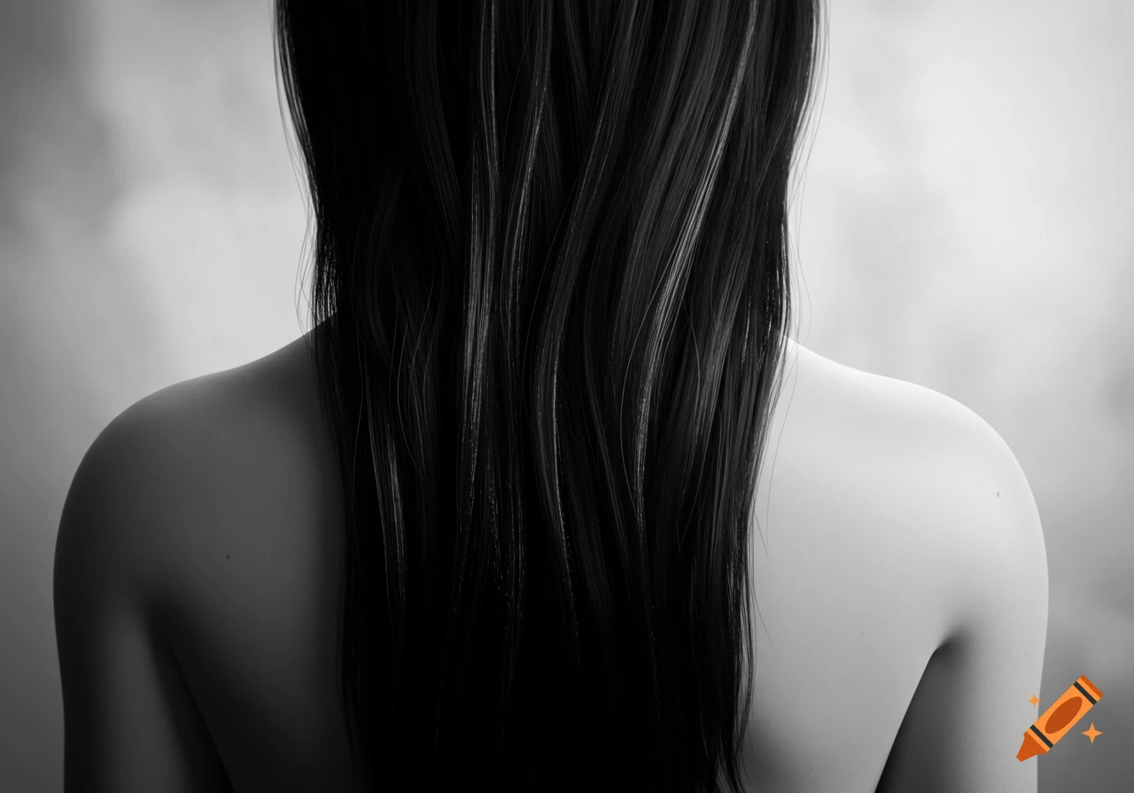 A black and white image showing the back of a person with long, dark hair covering their back and baring their shoulders.