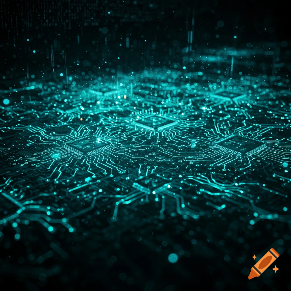 Close-up abstract view of a glowing teal circuit board with digital data streams and light particles.