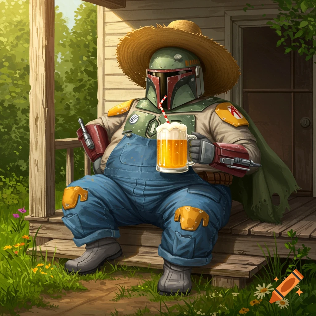 A cartoon-style image of a fat Boba Fett wearing blue denim overalls and a straw hat, sitting on a porch, drinking from a beer mug with a straw.