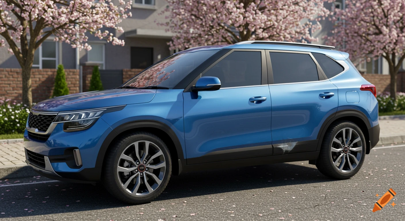 A blue Kia Seltos SUV parked on a street with cherry blossom trees in the background, showing small damage on the passenger door.