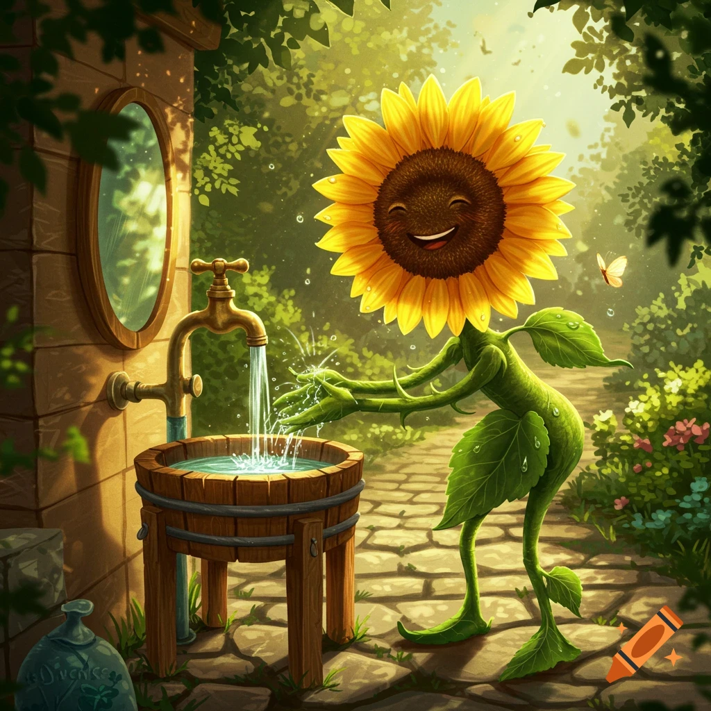 A whimsical anthropomorphic sunflower with a happy face washes its leafy hands under a brass faucet, water flowing into a wooden tub on a sunlit garden path.