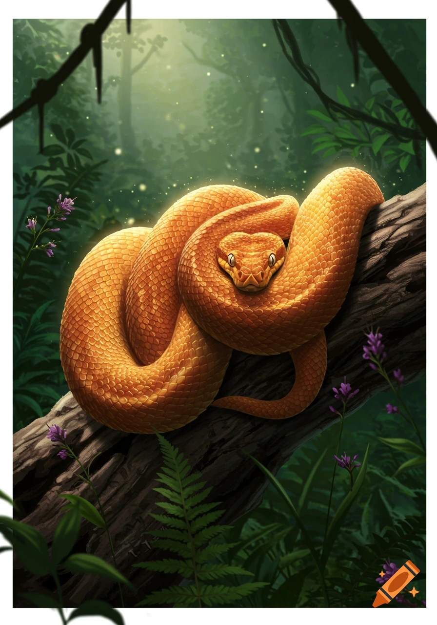 An amber-colored snake coiled around a tree branch in a lush, green forest.