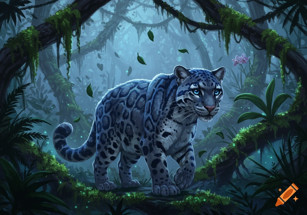 A blue clouded leopard with bright blue eyes walks through a mystical, moss-covered jungle with glowing fireflies.