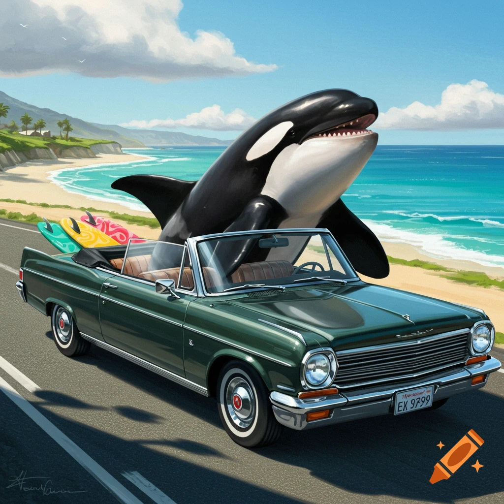 A cartoon orca sits in a green convertible car with surfboards in the back, driving along a coastal road next to a sunny beach.