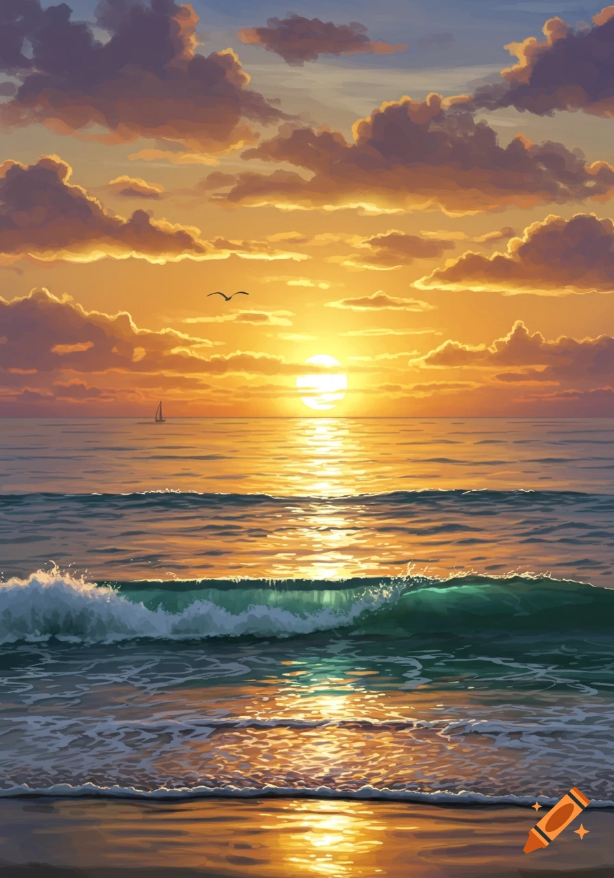 Vibrant digital painting of a sunset over the ocean with orange clouds, crashing waves, a sailboat, and birds.