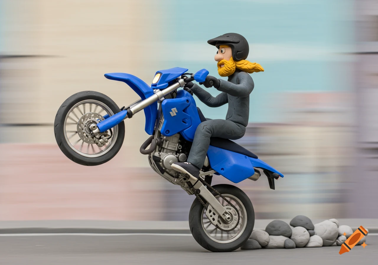 Claymation man with a blonde beard and black helmet on a blue Suzuki motorcycle performing a wheelie on a street with a blurred background.