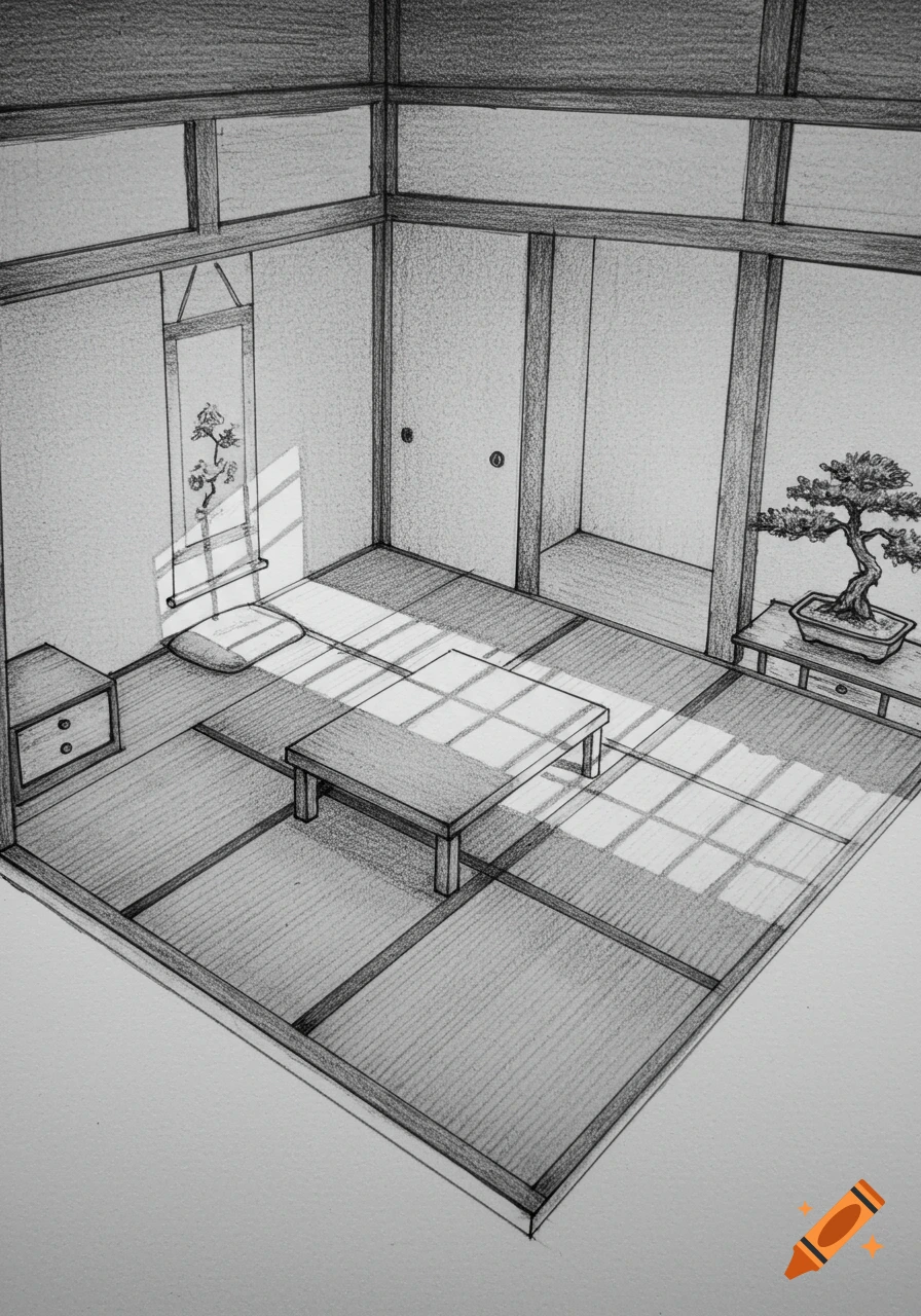 A detailed sketch drawing of an empty traditional Japanese room with tatami mats, a low table, and a bonsai tree, bathed in sunlight.