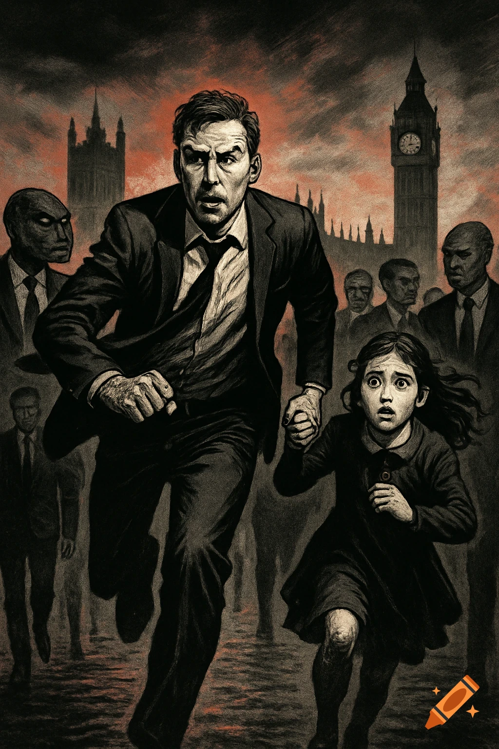 A man and a young girl run in fear through a dark London street, holding hands, with a red sky and shadowy figures in the background, in a graphic noir style.