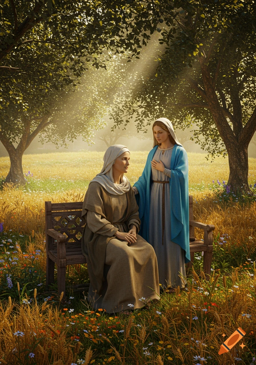 Two women in religious attire in a sunlit field with trees, one seated on a bench, the other standing beside her.