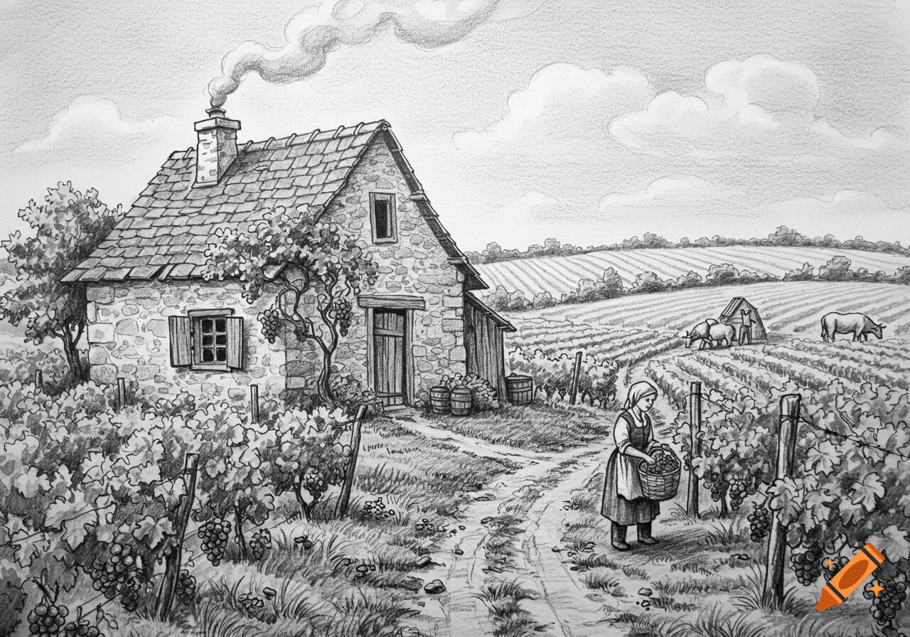 Black and white sketch of a stone house in a vineyard with a person picking grapes.