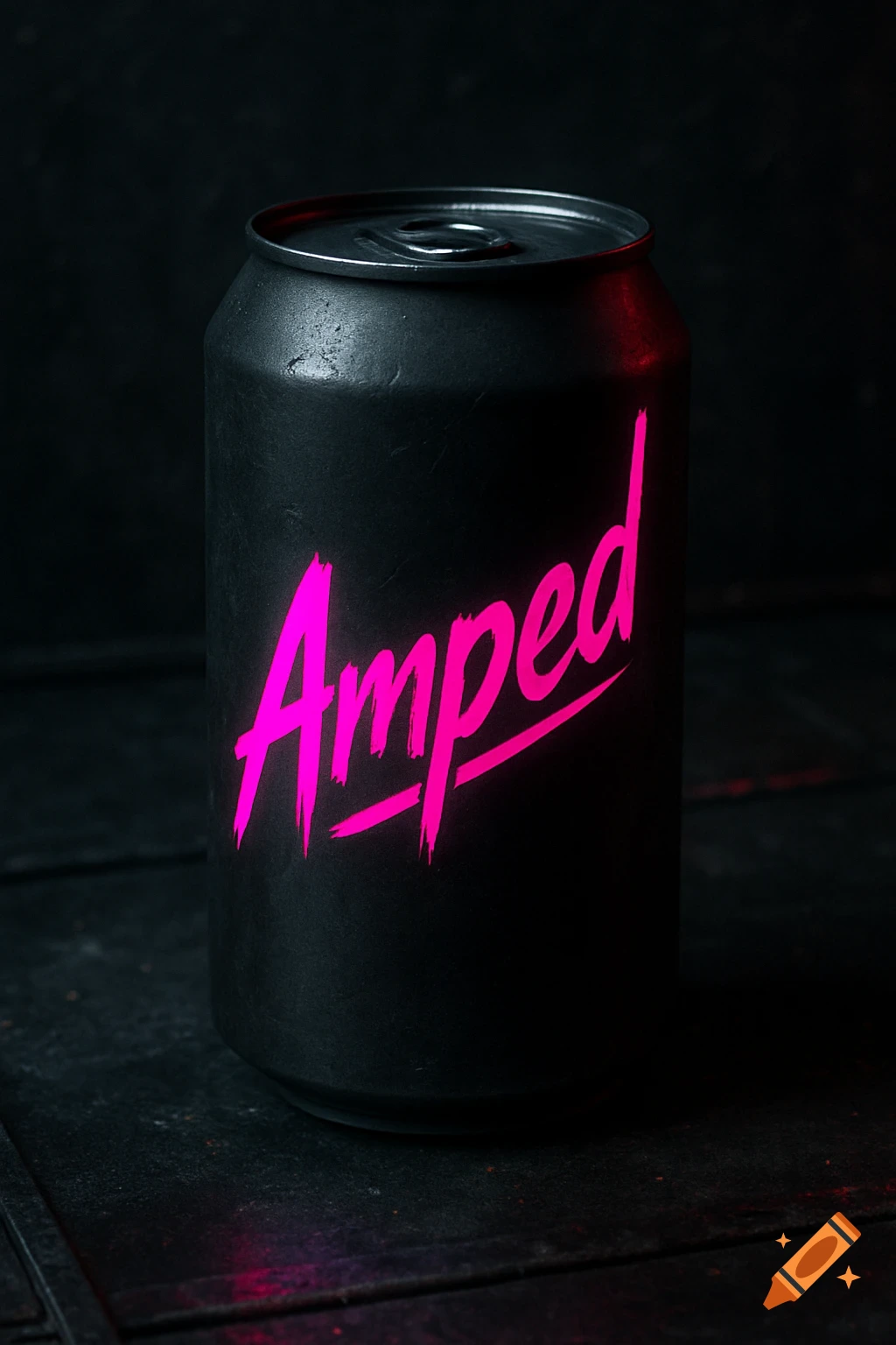 A photorealistic black drink can with 'Amped' written in bright neon pink text on a dark, grungy surface.