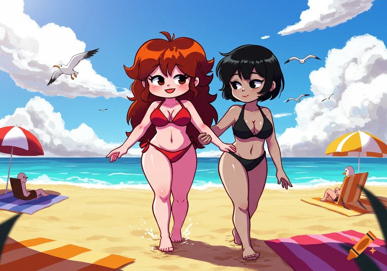 Cartoon characters Girlfriend from Friday Night Funkin' in a red bikini and Carol in a black bikini walk hand-in-hand on a sunny beach.