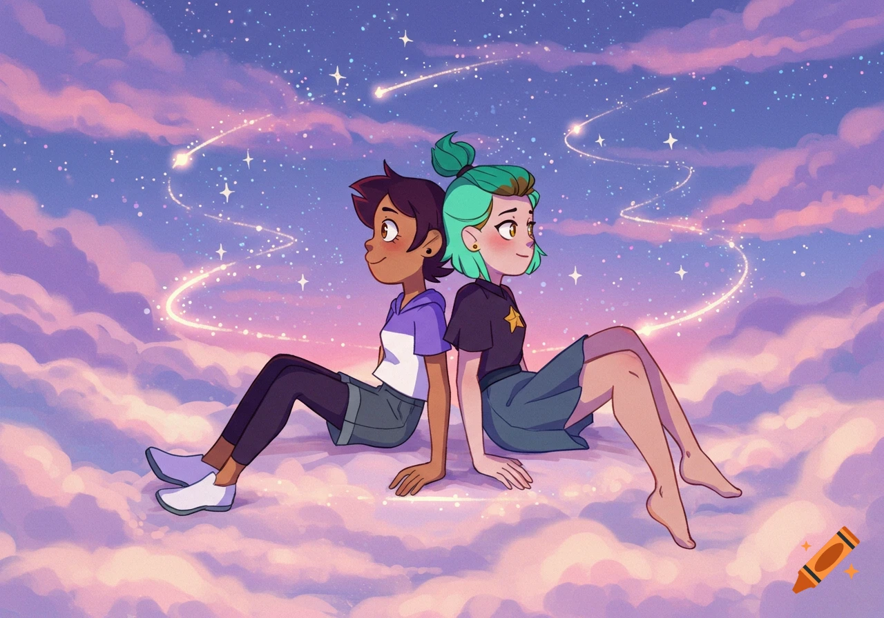Cartoon girls Luz and Amity sit back to back on pastel clouds under a starry, purple and pink sky with light trails.
