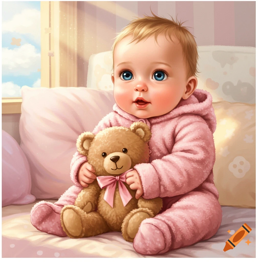 A cute baby in a pink jumpsuit sits, holding a brown teddy bear with a pink bow.