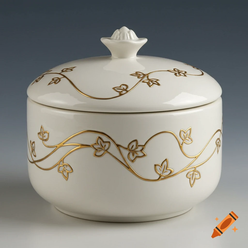 A white ceramic box with a lid, decorated with a swirling pattern of golden vines and leaves.