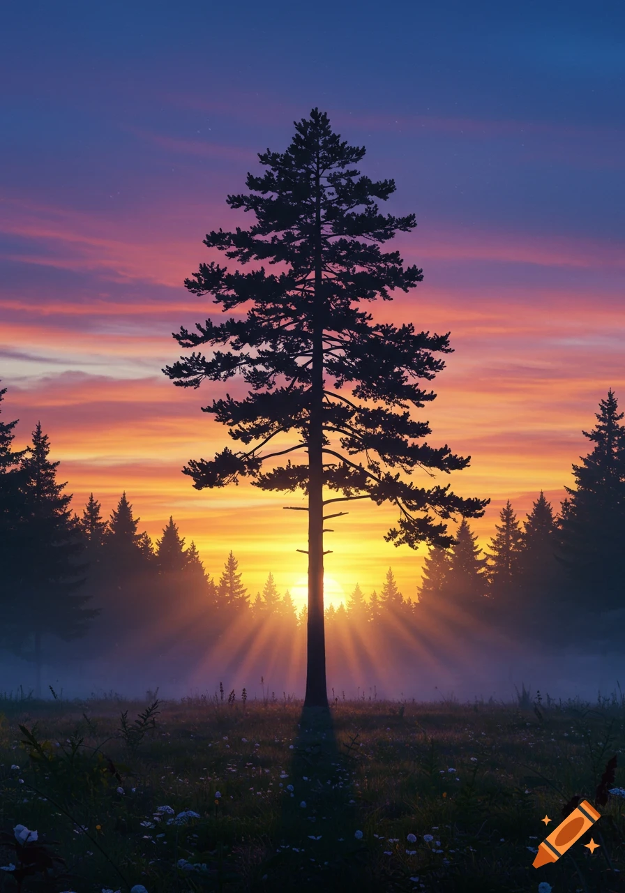 A tall pine tree silhouetted against a colorful sunset sky over a misty forest and a field of wildflowers.