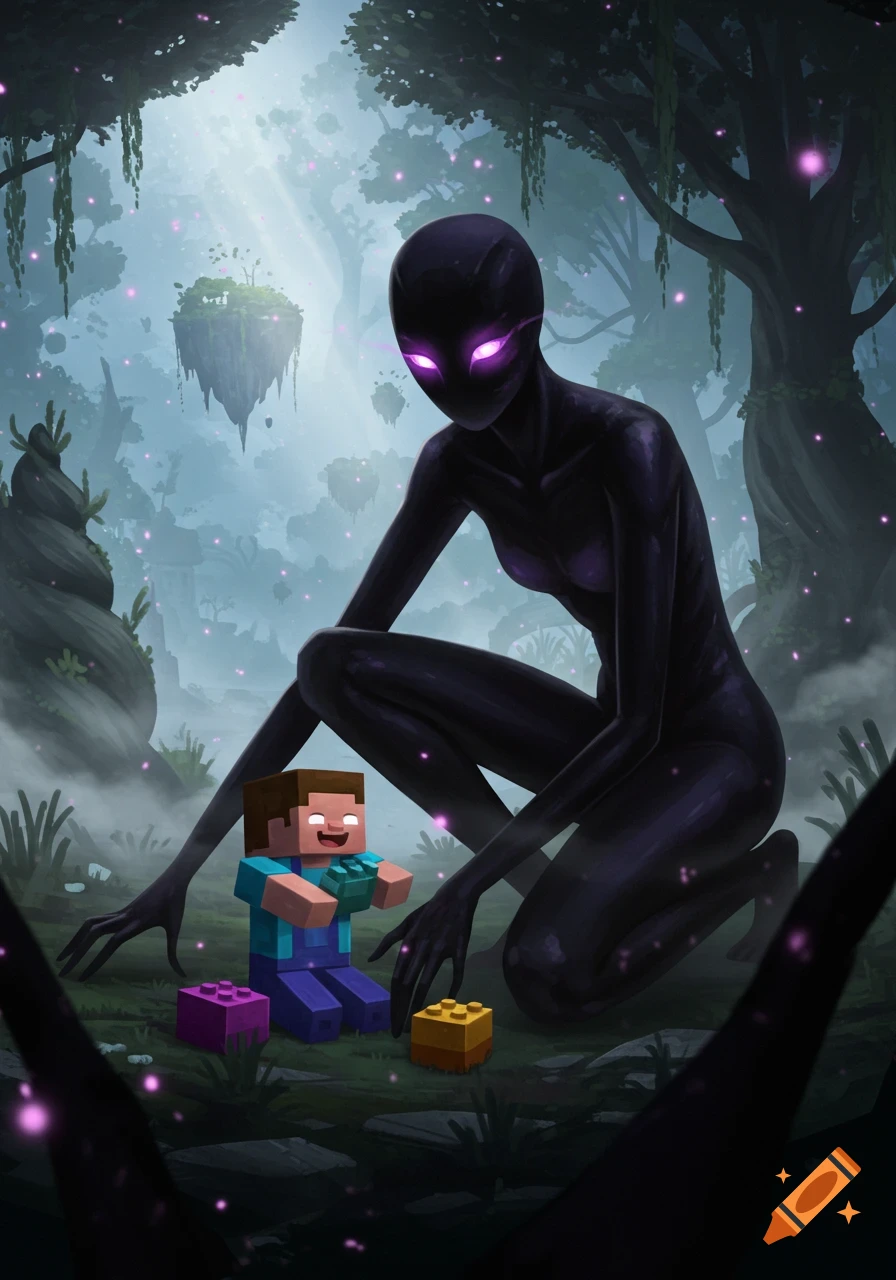 A stylized Enderman with glowing eyes watches over a blocky Herobrine playing with toy bricks in a mystical, foggy forest.