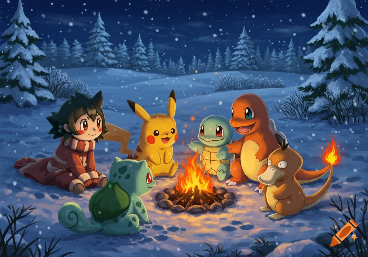 A group of Pokémon, including Pikachu, Bulbasaur, Charmander, Squirtle, and Psyduck, with a person around a campfire in a snowy forest at night.