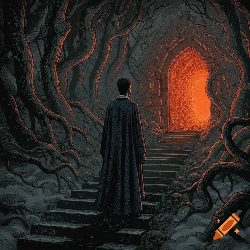 A person in a dark robe stands on steps in a gnarled forest, facing a glowing orange, fiery archway in Gustave Dore's style.