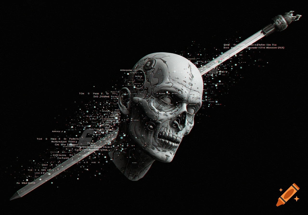 A grayscale cybernetic skull with visible wiring and components, pierced by a long, glowing rod, surrounded by scattered digital text and glitch effects on a black background.