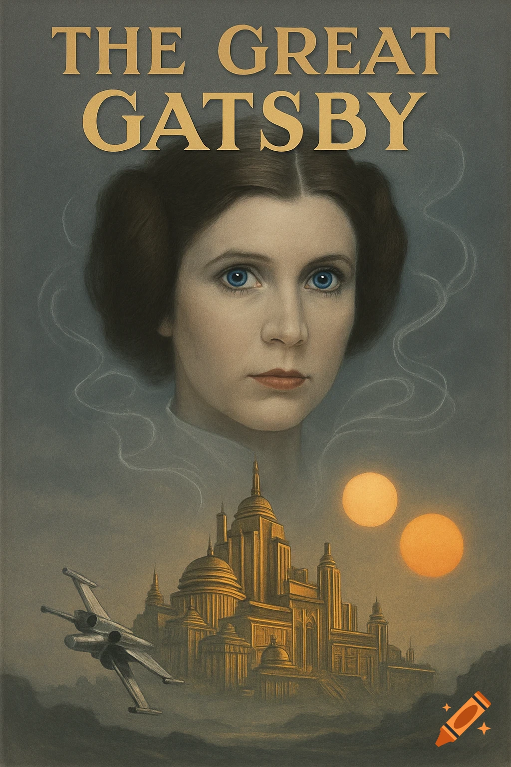 A book cover for 'The Great Gatsby' featuring a portrait of Princess Leia, a golden futuristic city, an X-wing, and twin suns in the sky.
