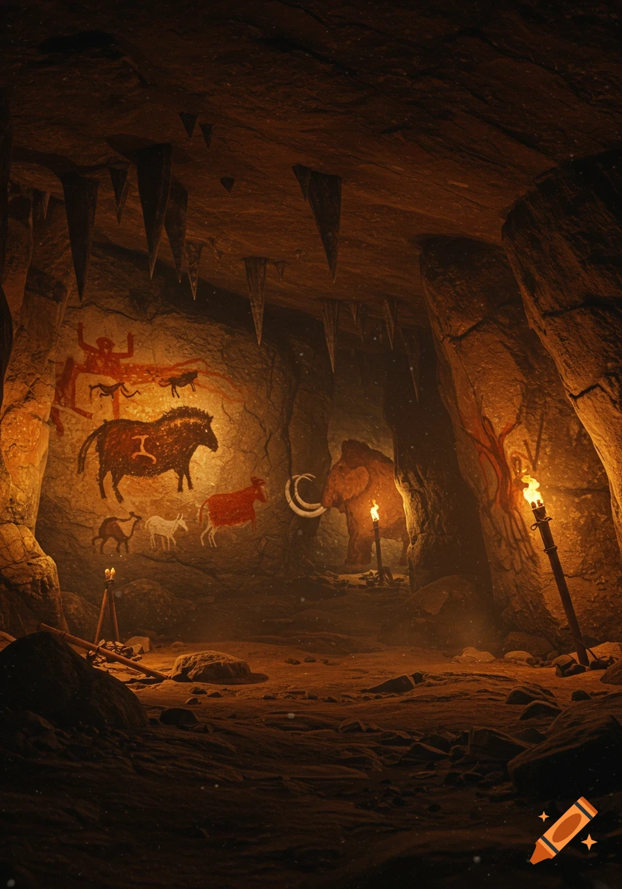 Ancient cave paintings of various animals and figures on a cave wall, illuminated by torches in a dark cavern.