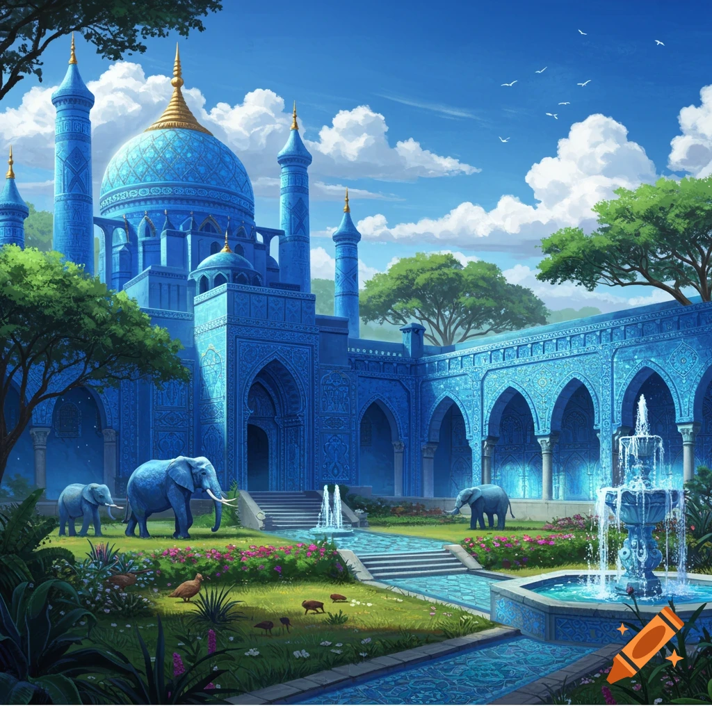 A majestic blue mosque-like palace with golden domes, set in a lush garden with blue elephants, fountains, and trees under a bright blue sky.