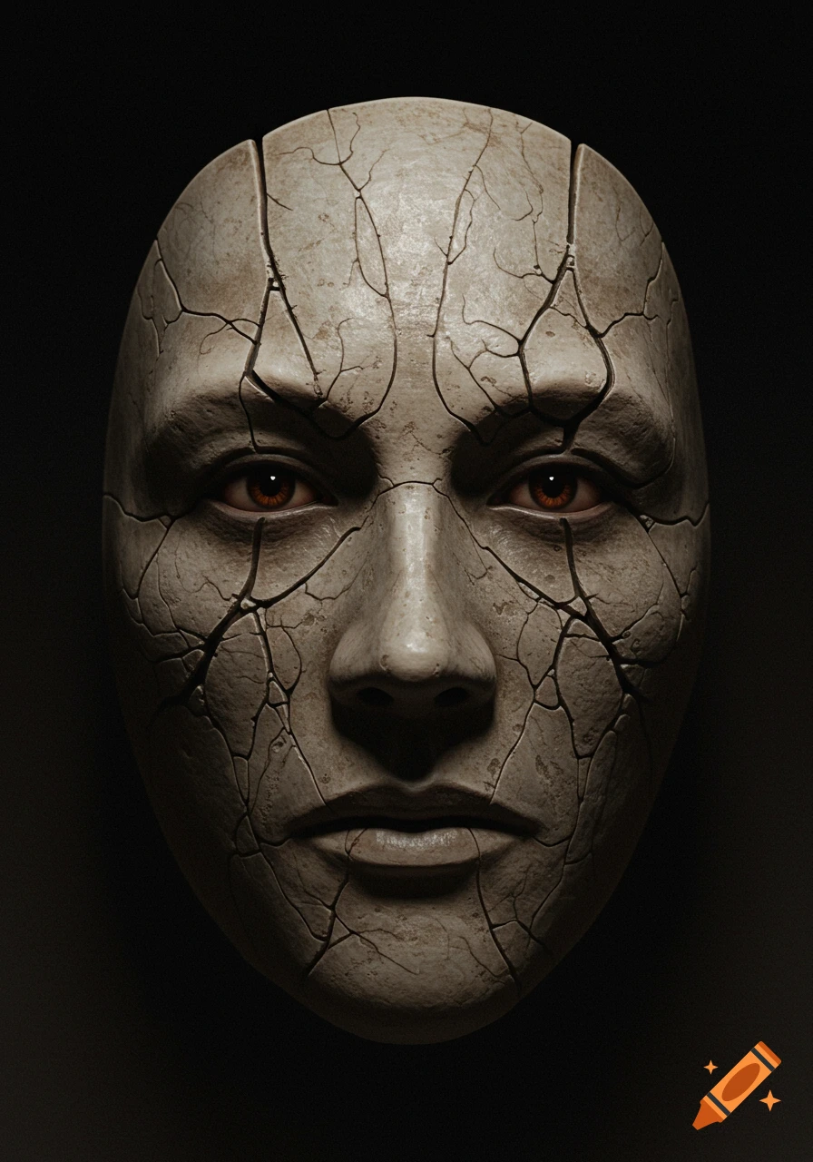 A close-up, photorealistic image of a cracked, plain mask with flattened features and dark, intense eyes visible through slightly asymmetrical eye holes.