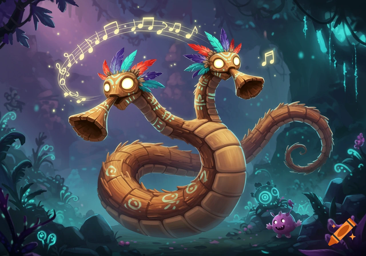 A two-headed, wood-carved, serpent-like creature with didgeridoo mouths and feathered crests in a glowing magical forest, with musical notes floating.