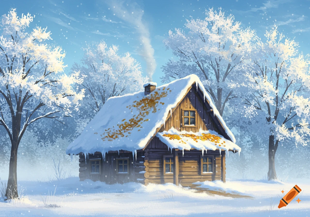 A snow-covered log cabin with smoke rising from the chimney, surrounded by snow-laden trees under a blue sky.
