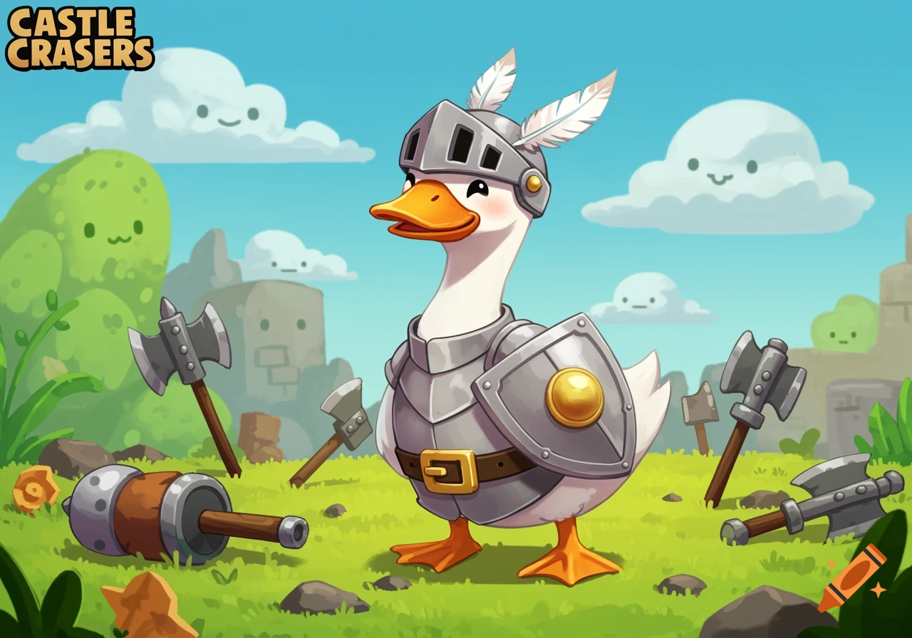 A cartoon goose in knight armor with a shield stands in a green field with axes. Smiling clouds and hills are in the background.