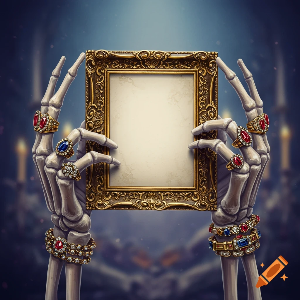 Two skeleton hands adorned with elaborate gold rings and bracelets hold an ornate gold picture frame against a dark, candlelit background.