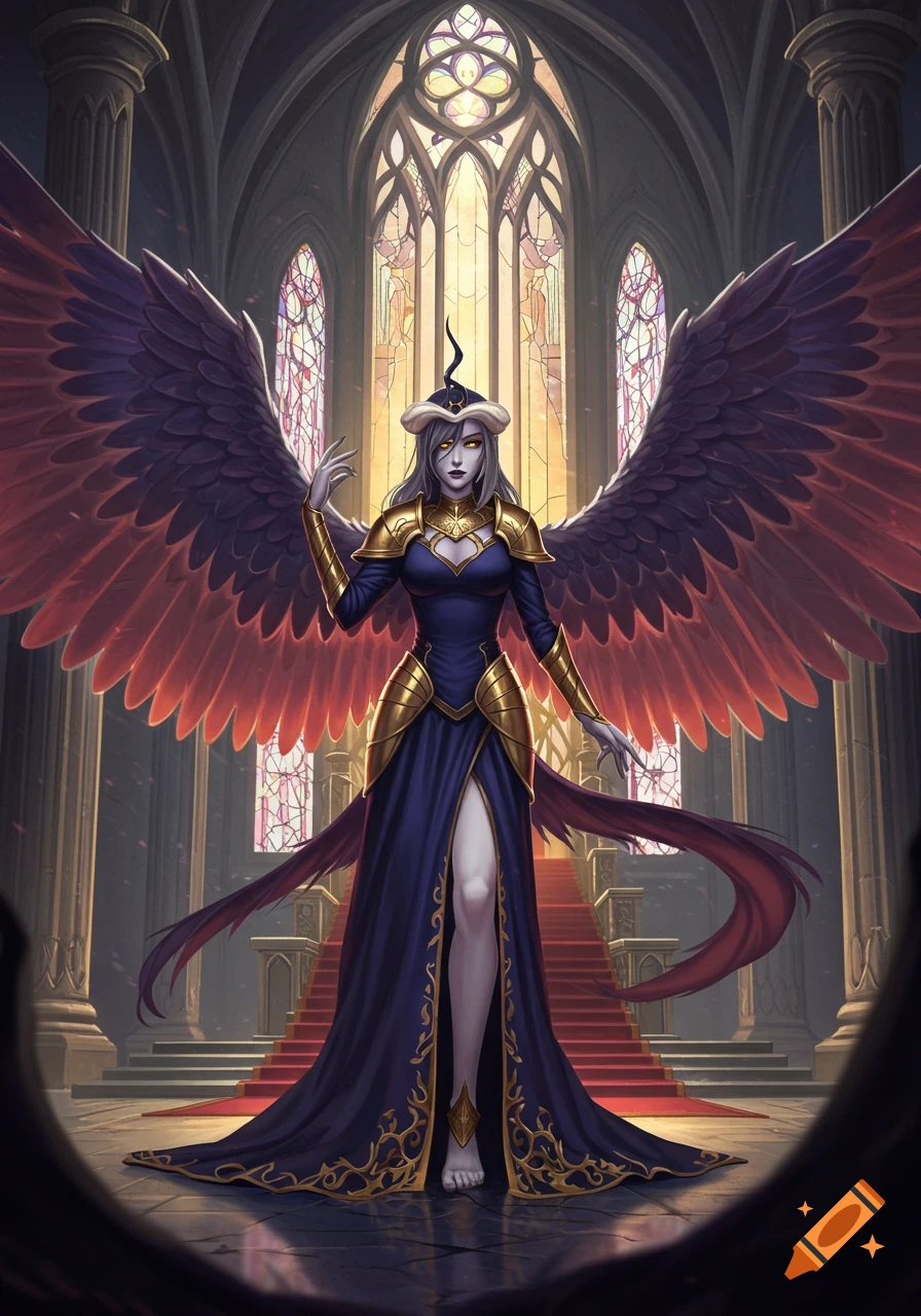 A winged female character in a dark blue and gold dress stands in a grand cathedral hall with stained glass.