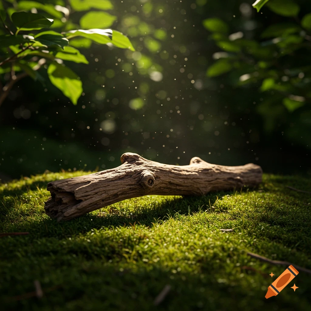 A piece of gnarled wood lies on a bed of green moss in a sun-dappled forest, with blurred foliage in the background.