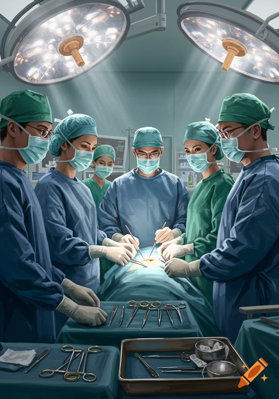Digital illustration of a team of doctors in an operating room performing surgery.