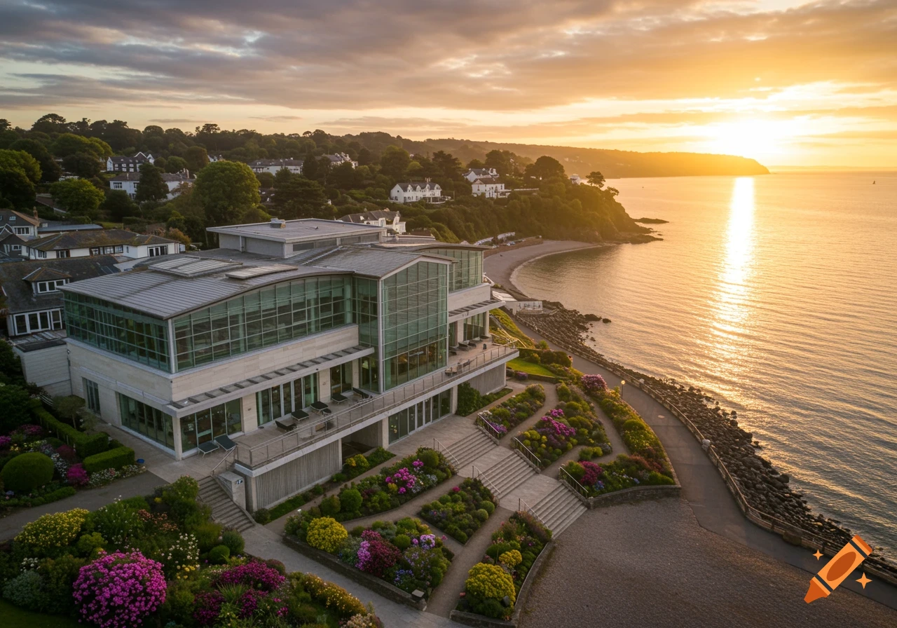 Modern building with lush gardens overlooking a calm sea at sunset, with coastal homes and hills in the background.