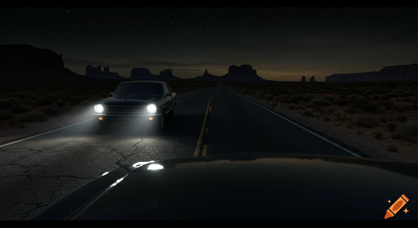 POV from a car hood of a classic black car approaching on a cracked asphalt road at night, under a star-filled sky in a desert landscape with distant mesas.