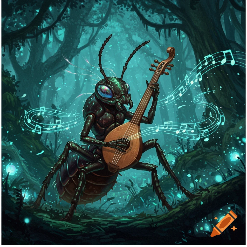 A four-armed ant creature plays a stringed instrument, surrounded by glowing musical notes in a bioluminescent forest.