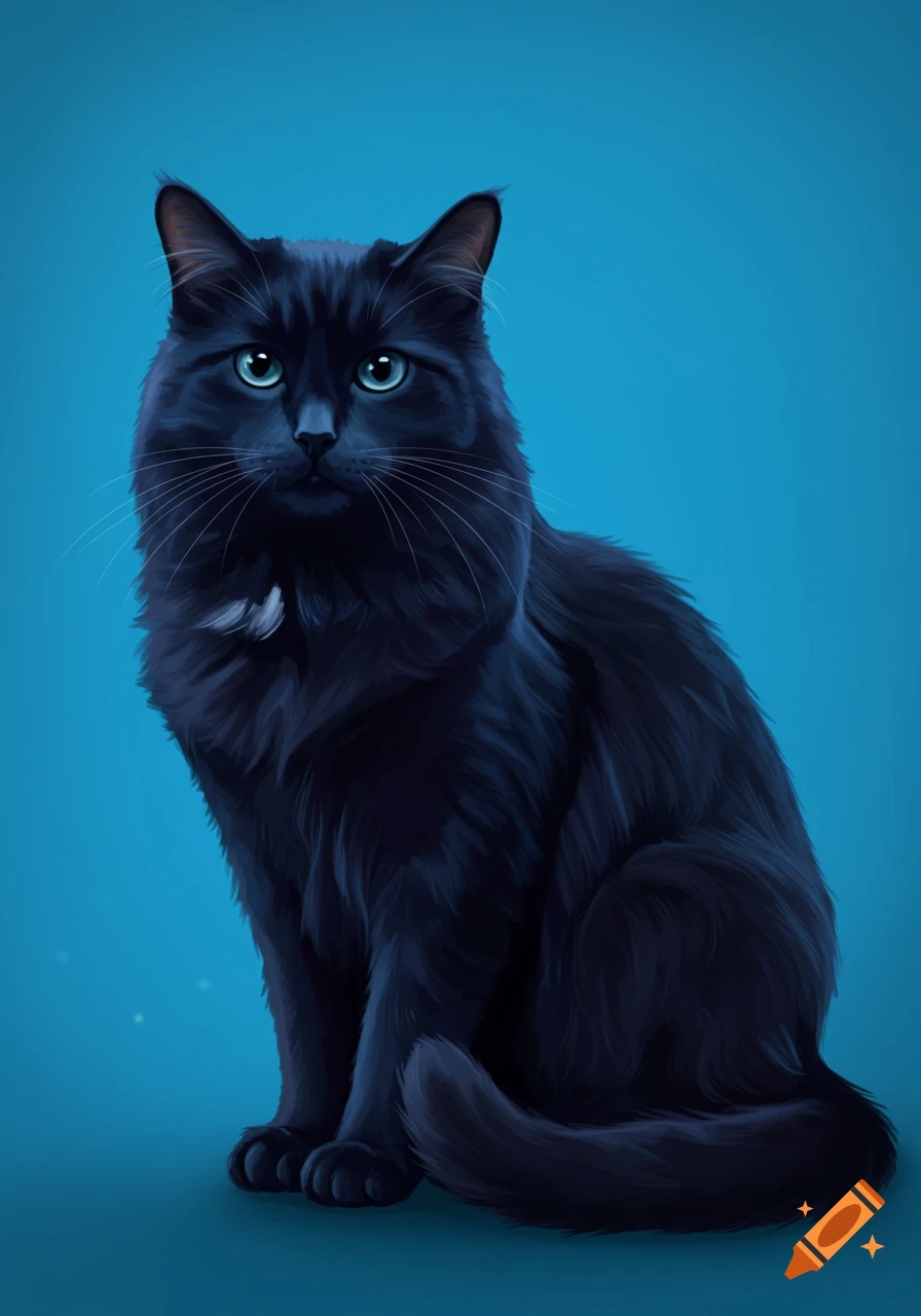 A black cat with semi-long fur and bright blue eyes sits against a solid blue background.