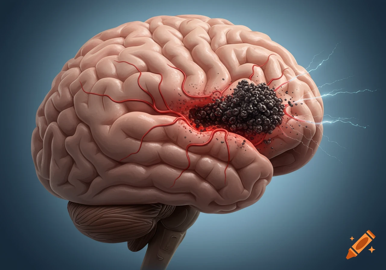 A stylized illustration of a human brain with a dark, cluster-like tumor and radiating red blood vessels, with electric arcs on a blue background.