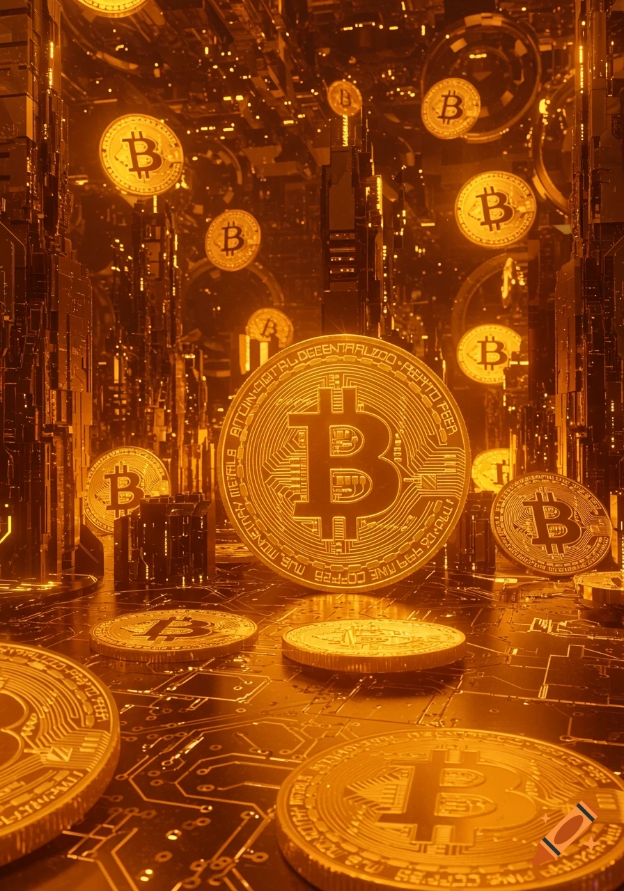 Golden Bitcoin coins amidst a futuristic cityscape with glowing circuitry and floating coins.