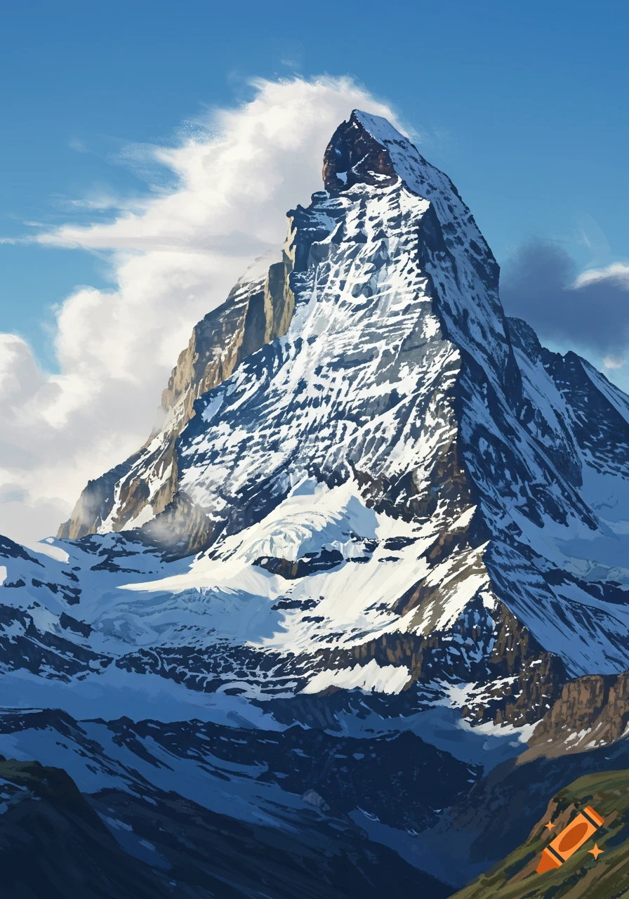 A towering snow-capped mountain under a blue sky with wispy clouds, viewed from its base.