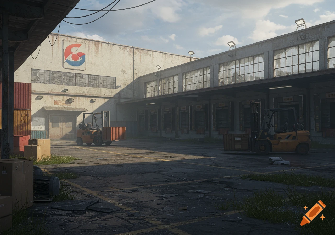 A photorealistic depiction of a run-down industrial complex with warehouses, loading docks, and two forklifts in a sunlit, dusty yard.