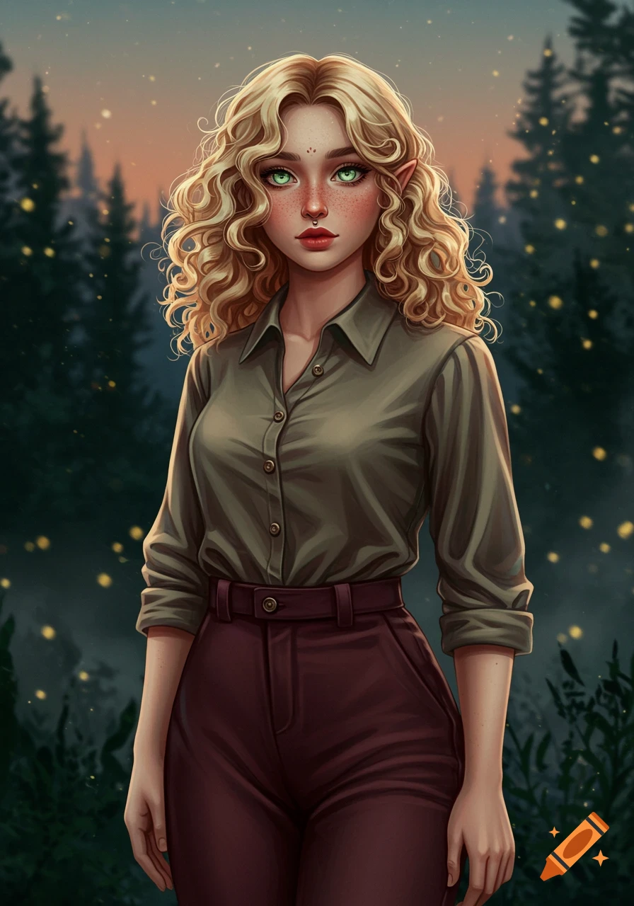 Illustrated portrait of a woman with curly blonde hair, green eyes, and elf ears, wearing dark clothes in a magical forest.