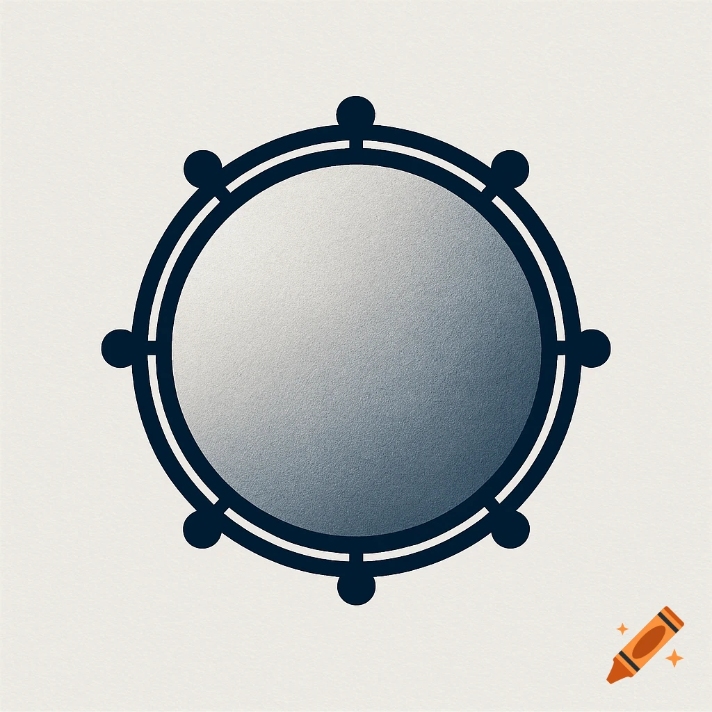 A minimalist logo design featuring a dark outlined circle with six small circles around its perimeter, and a gradient fill suggesting a drum or tambourine.