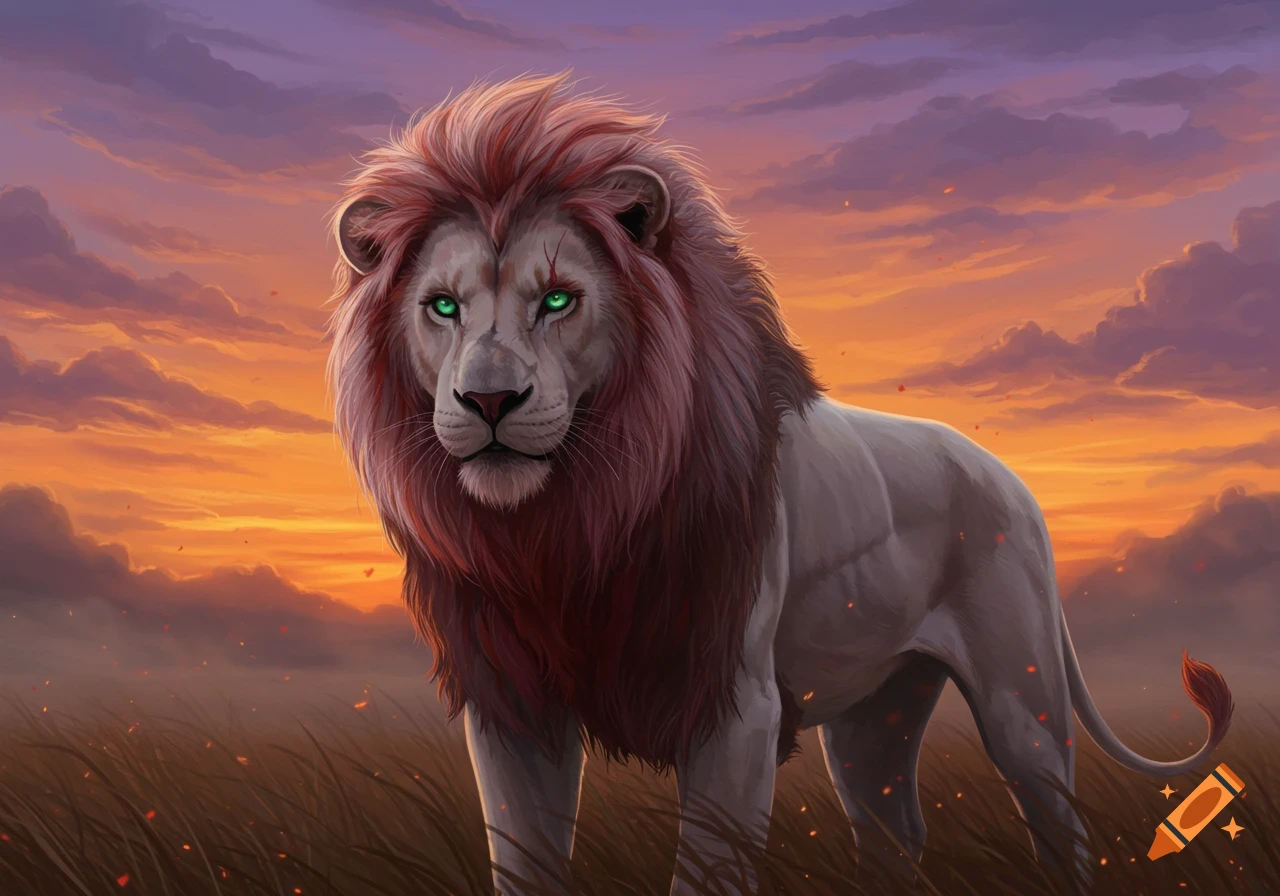 A majestic white lion with a reddish mane and glowing green eyes stands in a field under a dramatic orange and purple sunset sky, rendered in a digital art style.